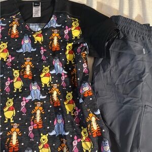 Disney Women's Scrub Set - Black and Gray with Colorful Characters